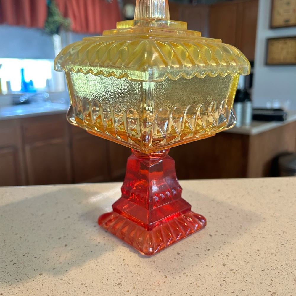 Vintage Jeanette Glass Amberina Candy Dish with Lid